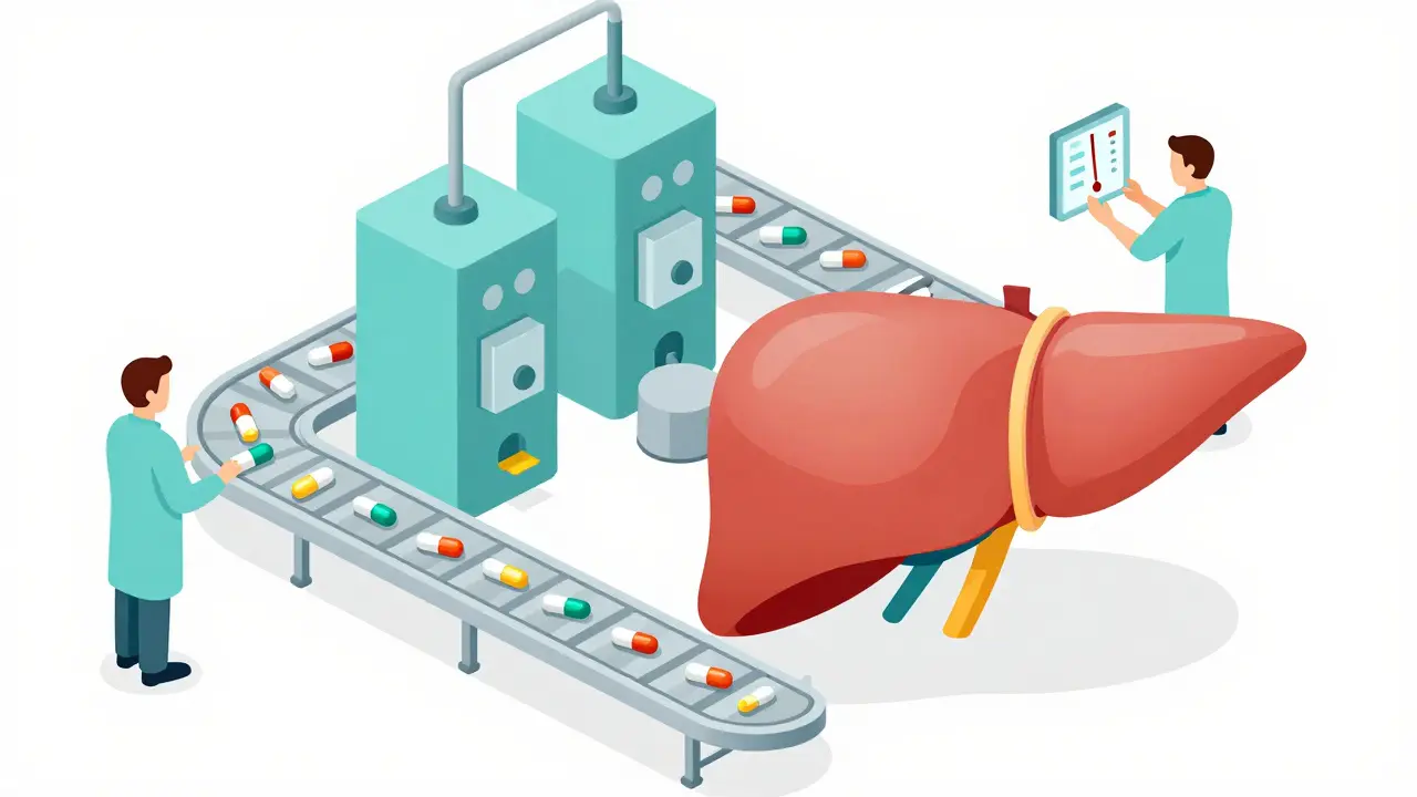 Liver factory with enzyme machines breaking down medications, patient checking a declining blood level monitor.