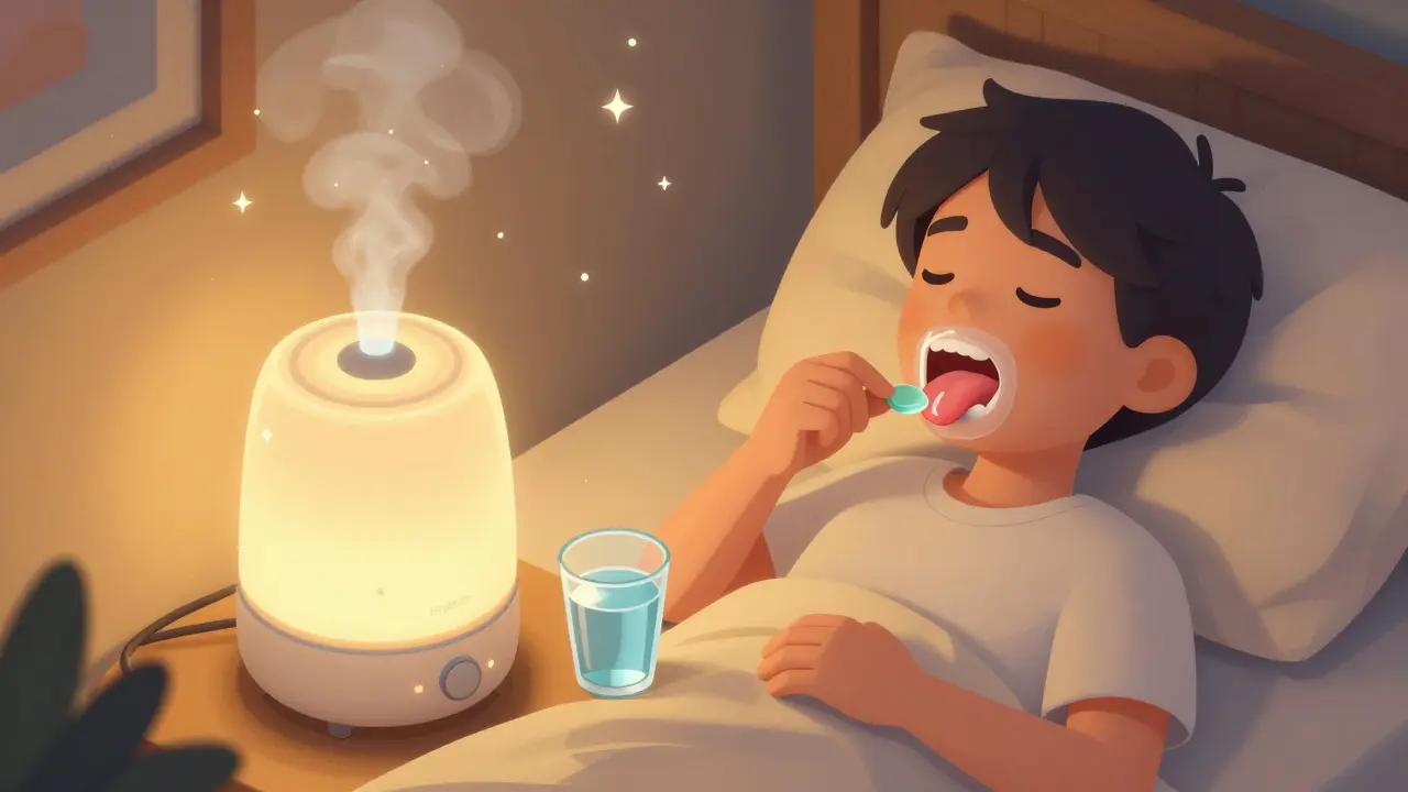Nighttime routine for dry mouth: gel, lozenge, and humidifier in a cozy bedroom setting.