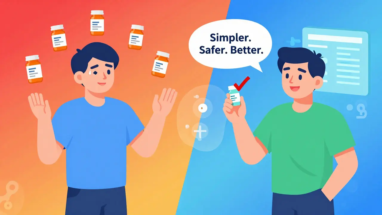 One patient juggling many pills vs. another smiling with one pill and rising health metrics.
