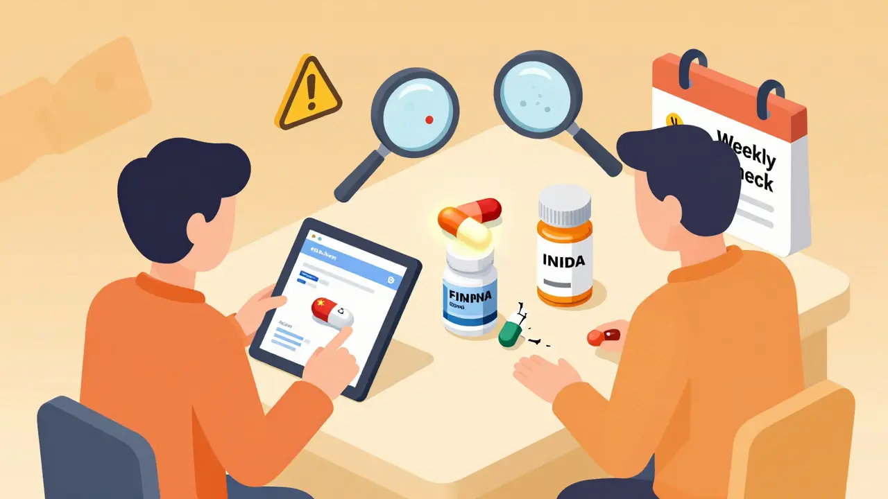 Patient checking FDA recalls online as three pills are shown — one safe, two dangerous — on a counter with warning icons.