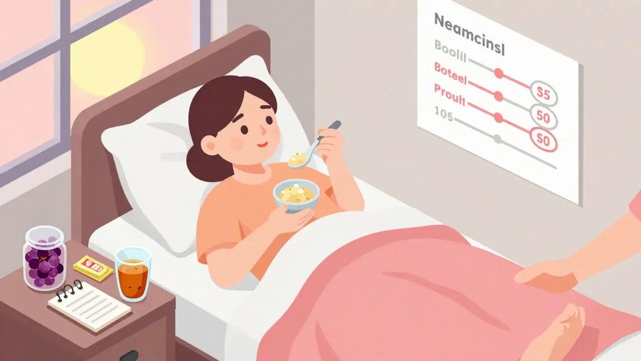 Patient in bed eating applesauce with ginger tea and frozen grapes nearby, supported by a food journal and family care.