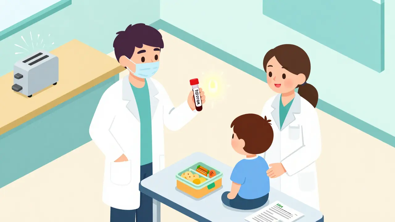 Pediatrician holding a positive celiac blood test, child with gluten-free lunch and 504 plan nearby.