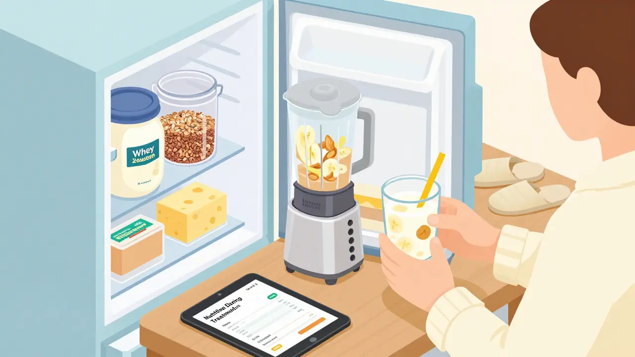 Person blending a homemade protein shake with banana and peanut butter, using a nutrition app on a tablet.