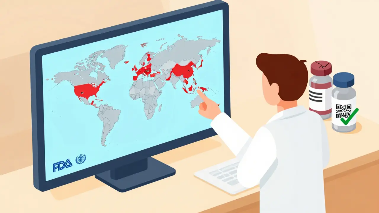 Pharmacist reviewing a global map of counterfeit drug incidents with fake and real medicine bottles.