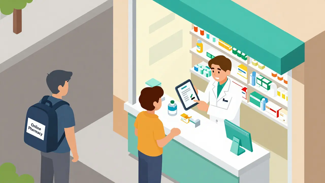 Pharmacist scanning medicine with a mobile app while a patient watches, contrasting safe and illegal drug sales.