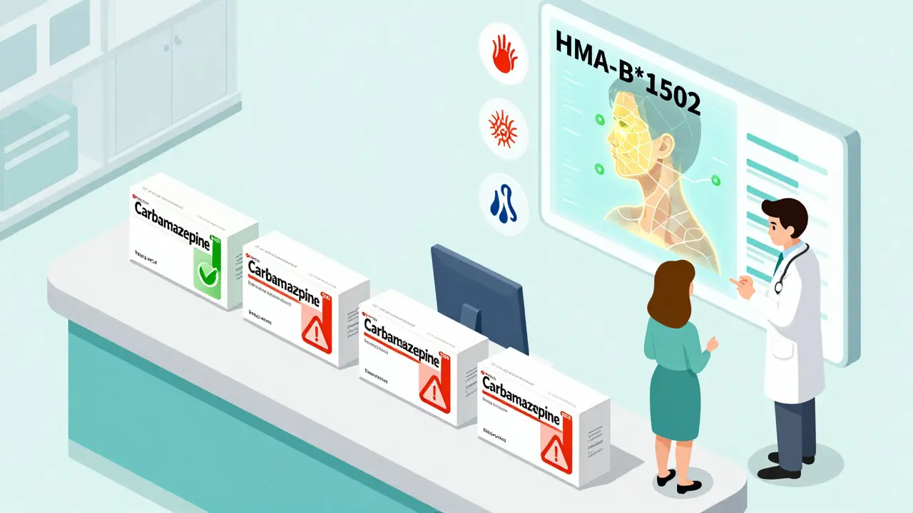 Pharmacy counter with generic carbamazepine boxes, genetic map, and warning icons for seizures and side effects.