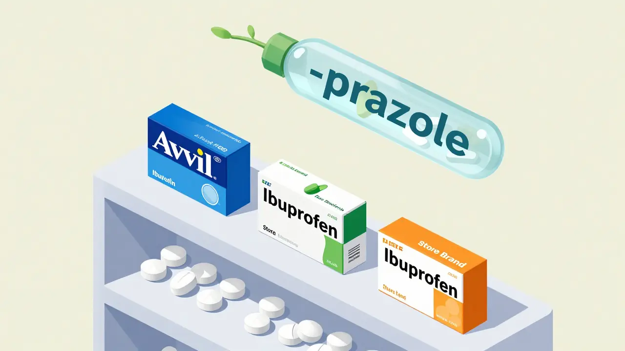 Pharmacy shelf showing ibuprofen under three brand names with a floating drug stem above.