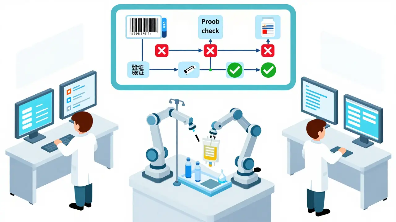 Robotic IV compounding unit with pharmacists reviewing digital alerts and error-prevention flowchart above.