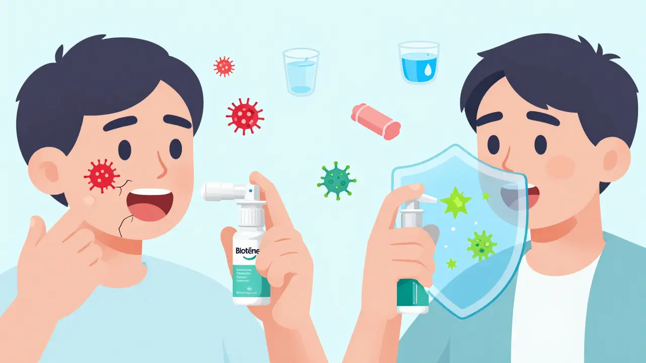 Side-by-side comparison of dry mouth vs. protected mouth with Biotène spray and xylitol benefits.