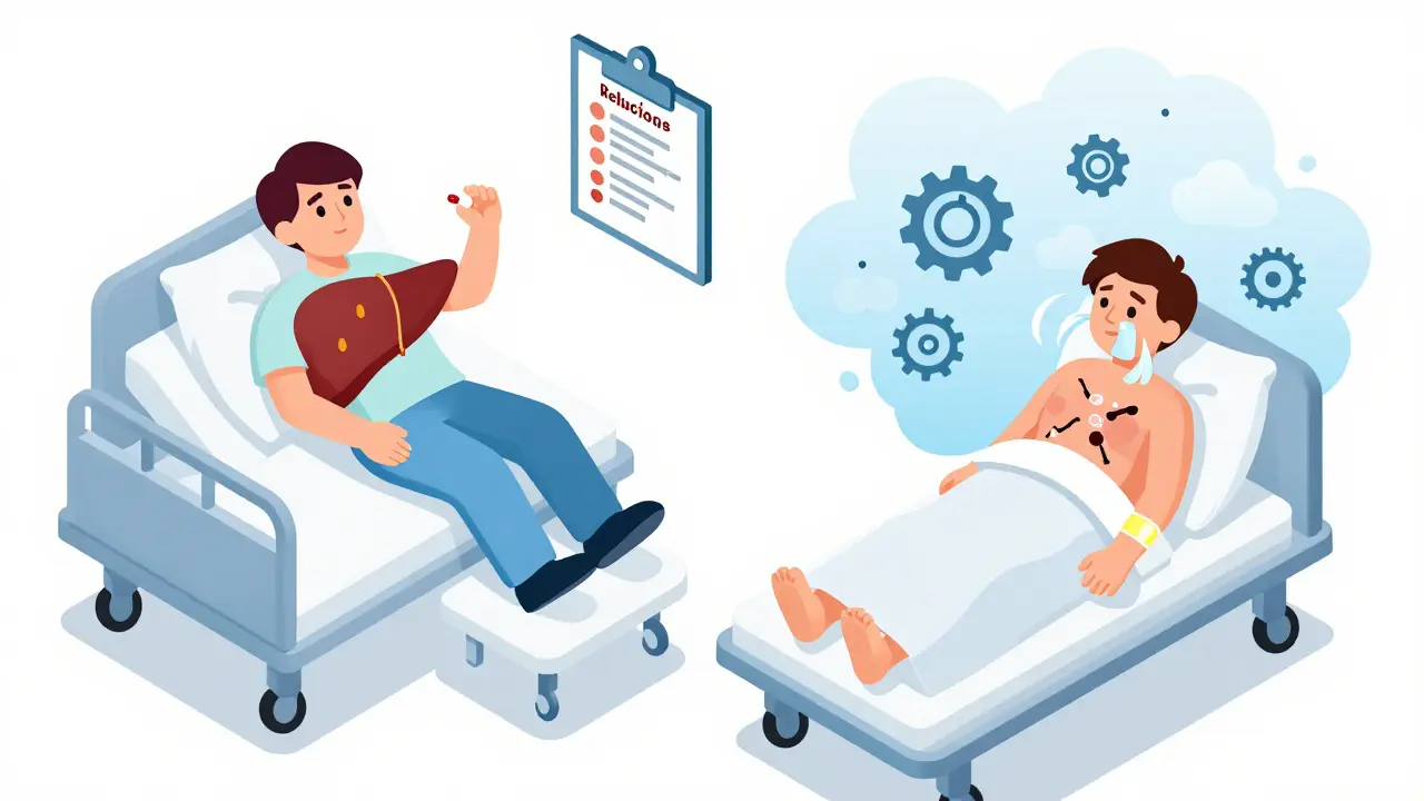 Side-by-side isometric scenes showing healthy vs. diseased liver responses to the same opioid dose.