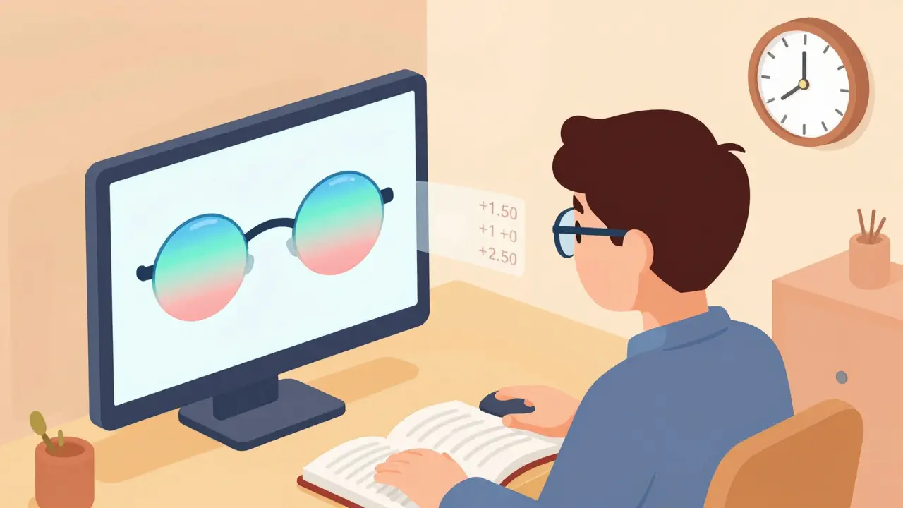 Someone wearing progressive lenses viewing objects at different distances with smooth visual zones.