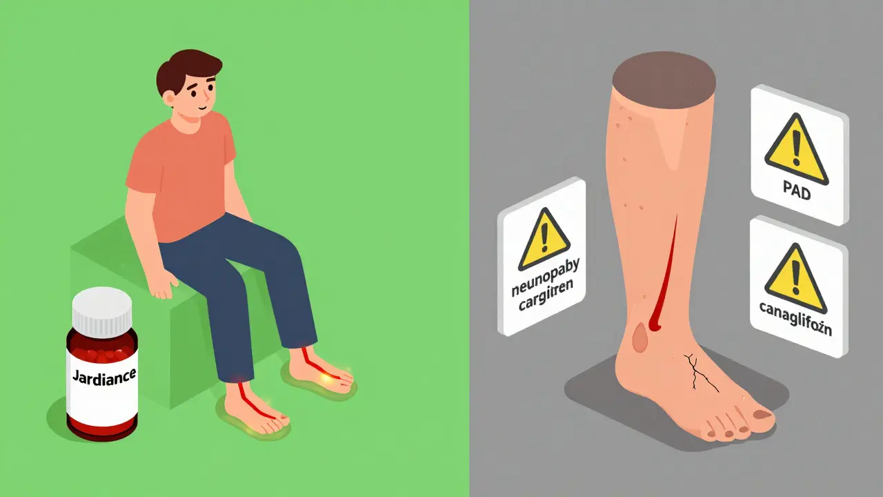 Split scene comparing healthy circulation versus poor circulation with SGLT2 inhibitor pills.