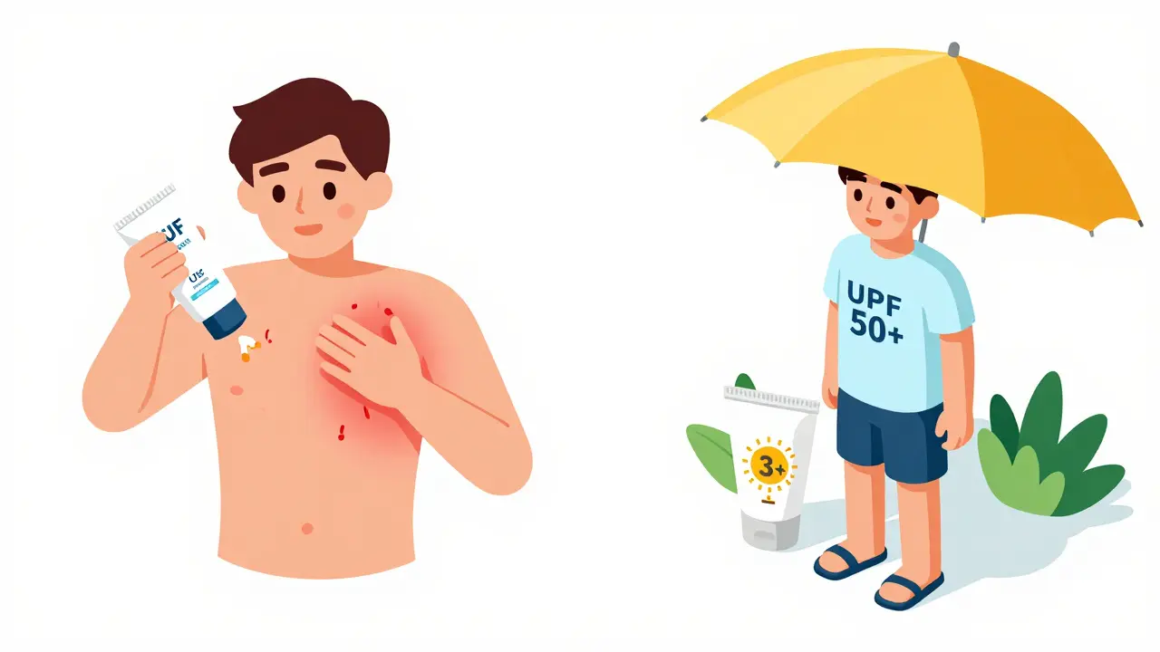 Split scene: one person with rash from chemical sunscreen, another safe in UPF clothing under shade.