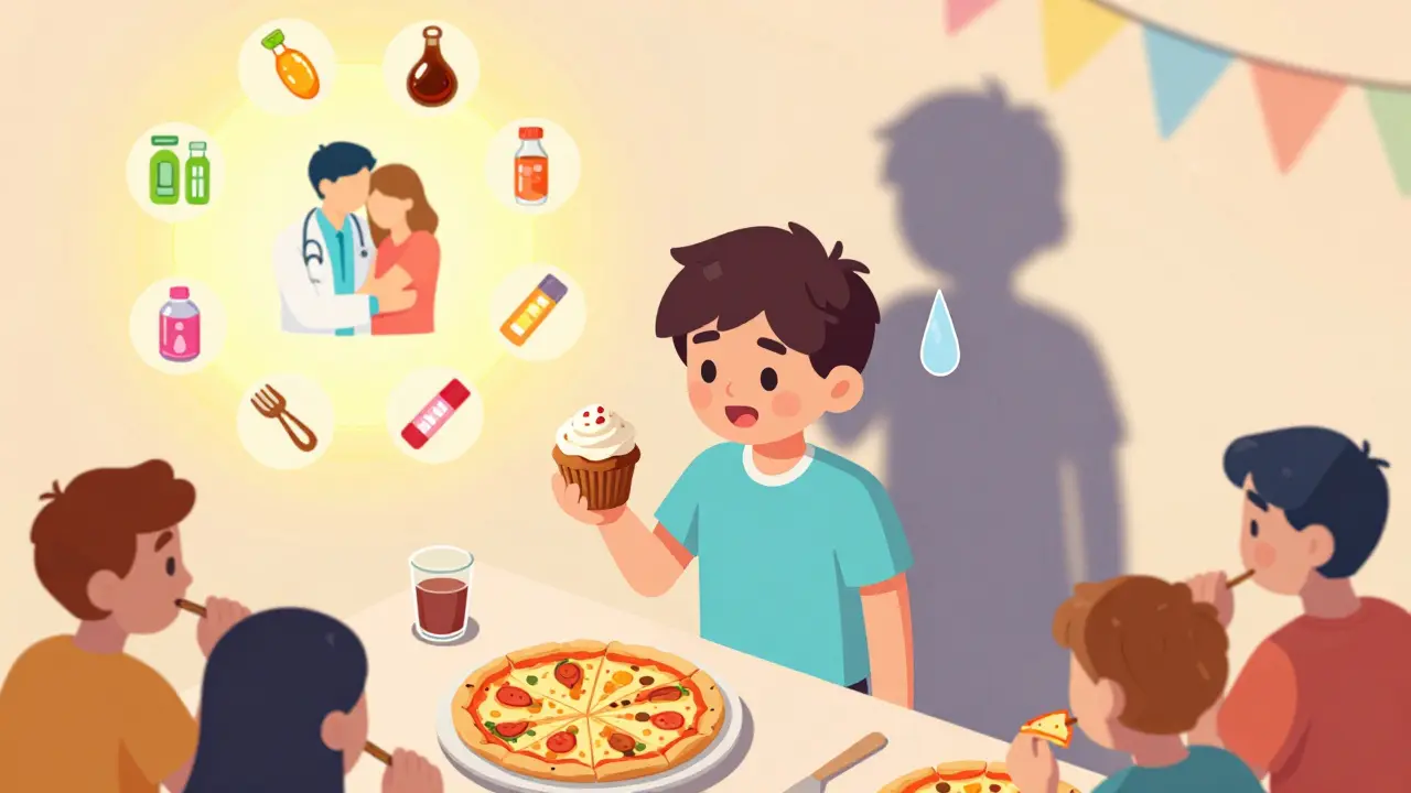 Teen at party with gluten-free treat, surrounded by hidden gluten icons, supported by a glowing community circle.