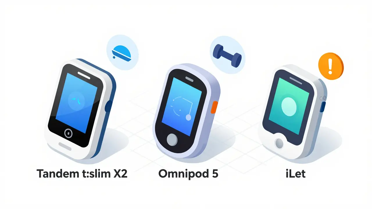 Three hybrid closed-loop insulin systems shown in colorful isometric design with key features and lifestyle icons around them.