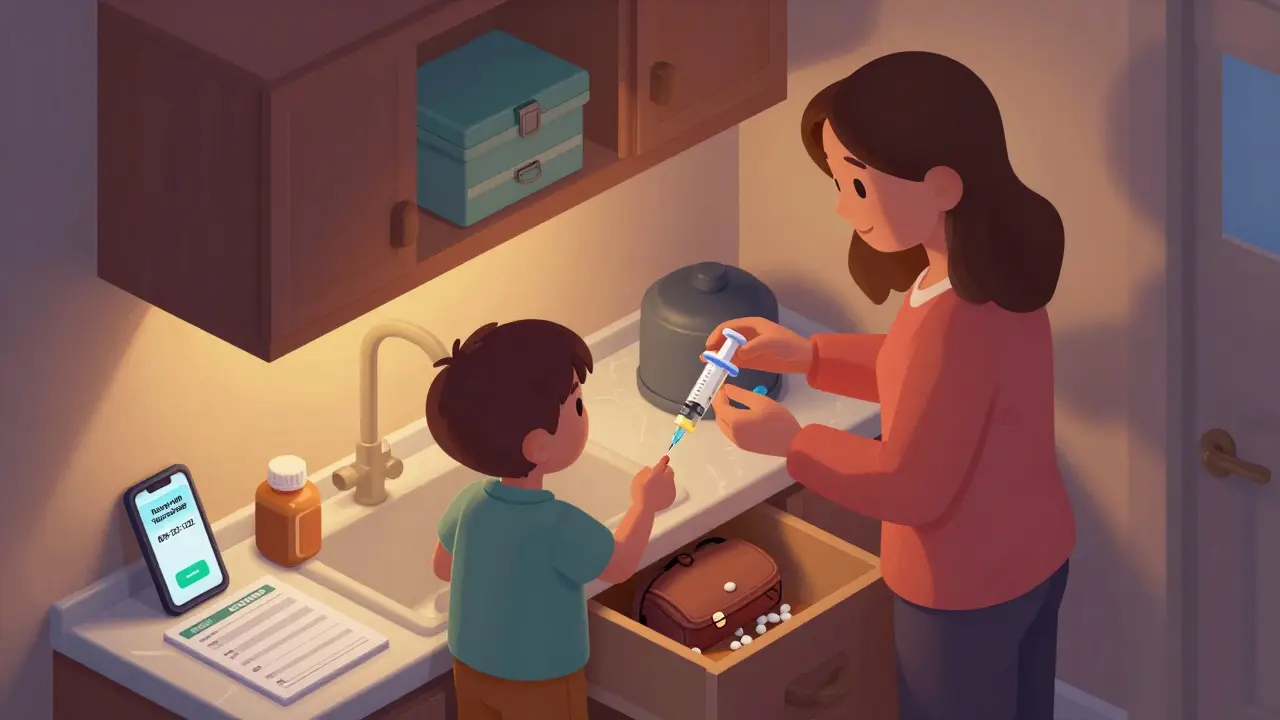A mother and child measuring medicine with a syringe beside a locked storage box in a kitchen.