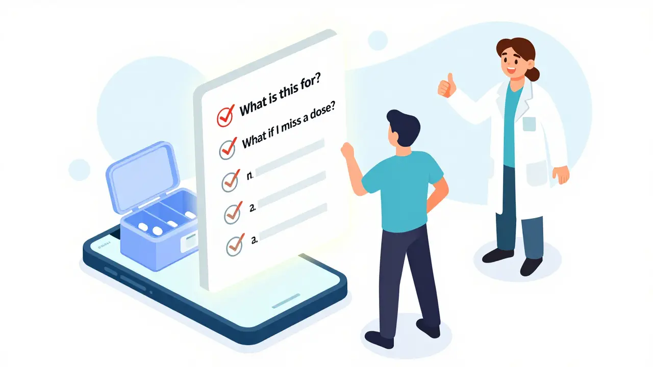 A person stands beside a checklist of medication questions, holding a pill organizer with a pharmacist nearby.