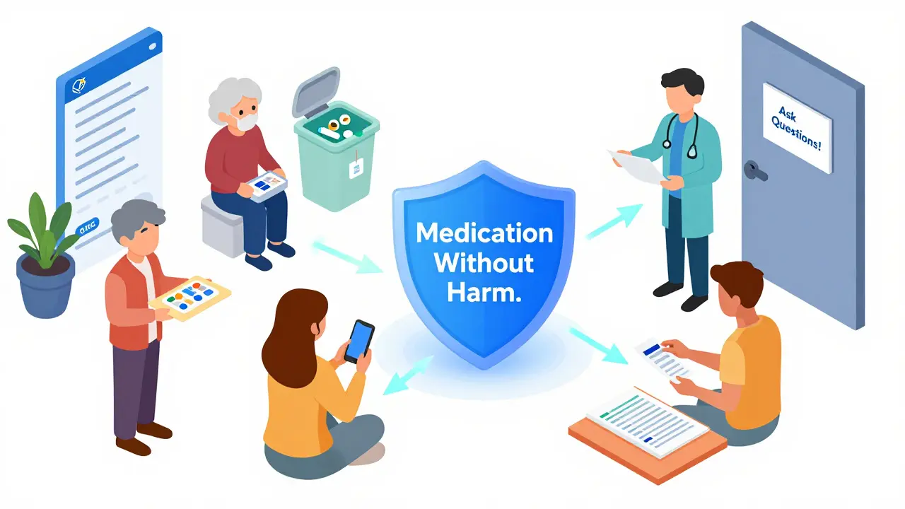 Diverse people at home using medication tools connected by glowing arrows to a shield labeled 'Medication Without Harm'.