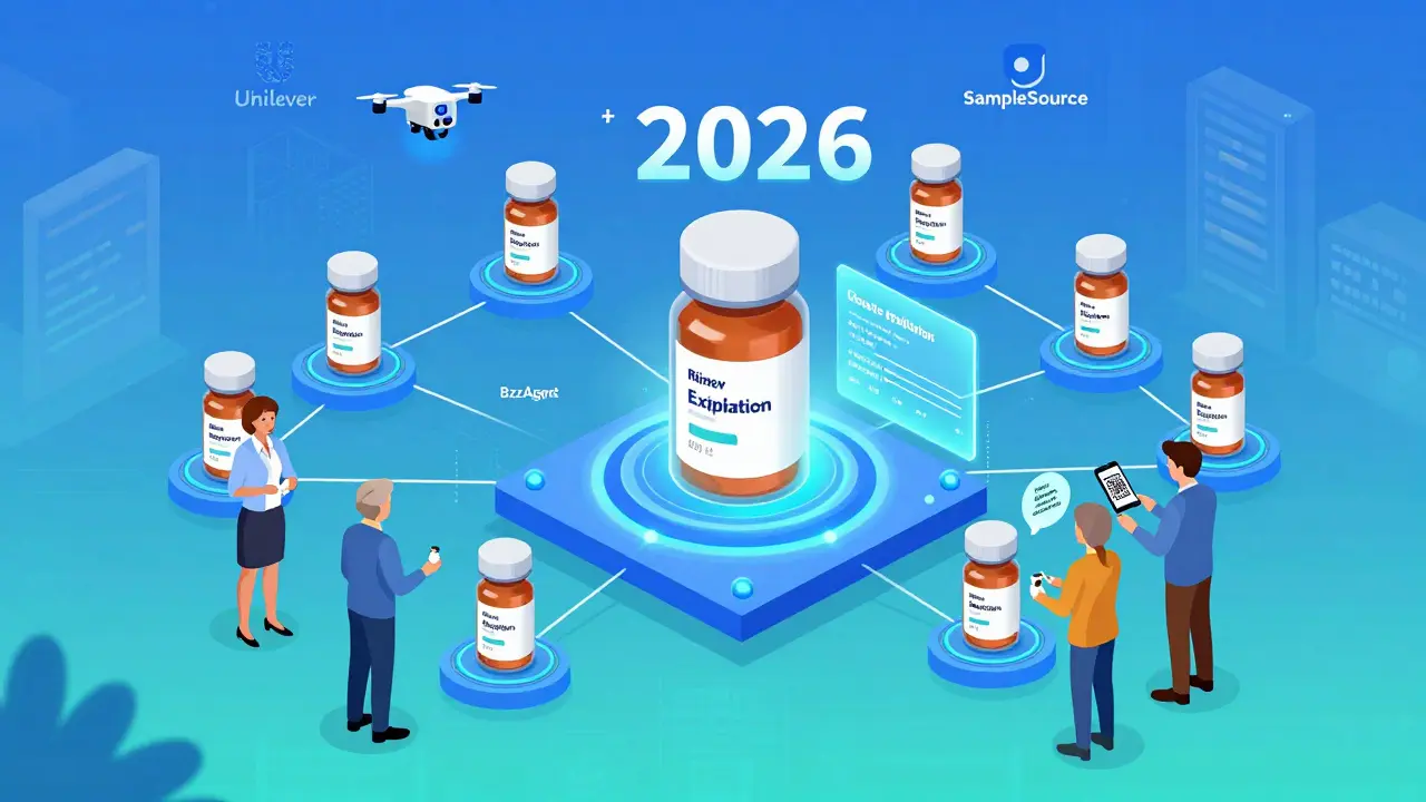 Futuristic isometric scene with floating blockchain-tracked medication samples and automated recall alerts in a 2026 setting.