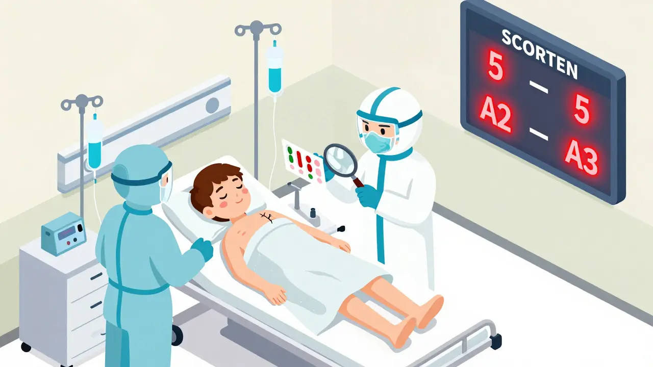 Hospital ICU scene with patient losing skin, medical staff, and SCORTEN risk board glowing red.