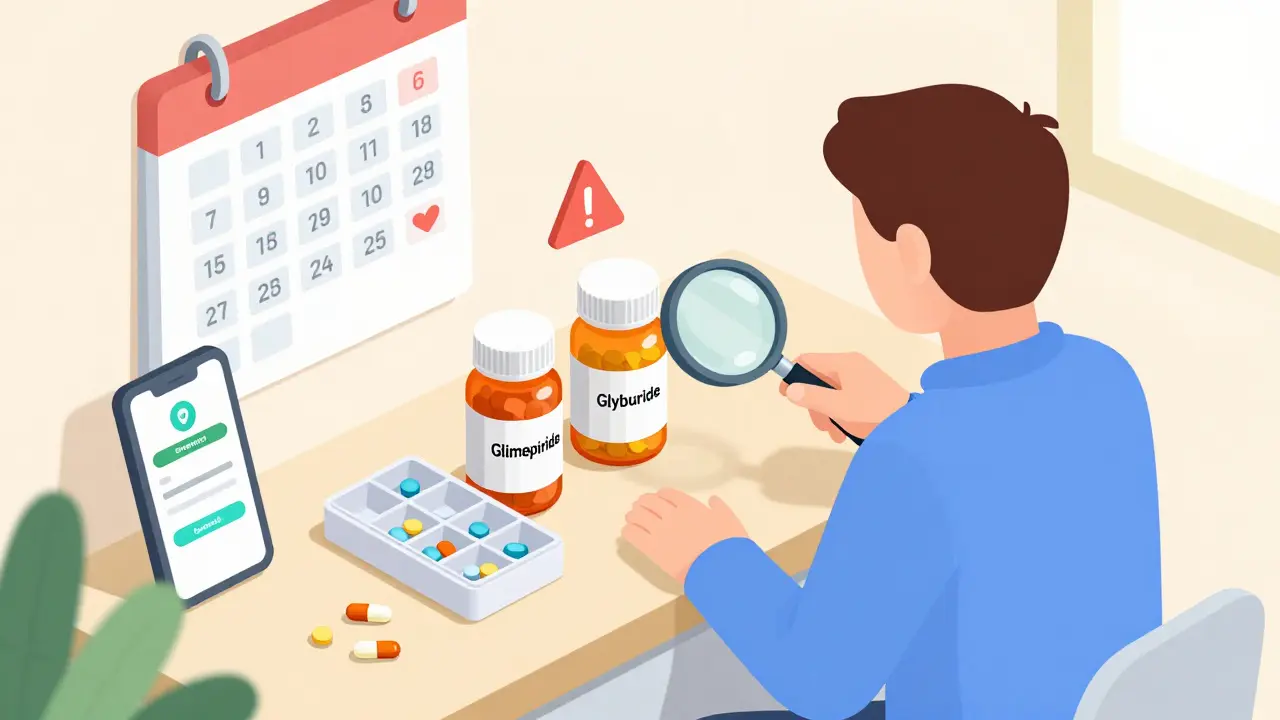 Person comparing similar-looking pill bottles with magnifying glass, next to pill organizer and expired meds in trash.