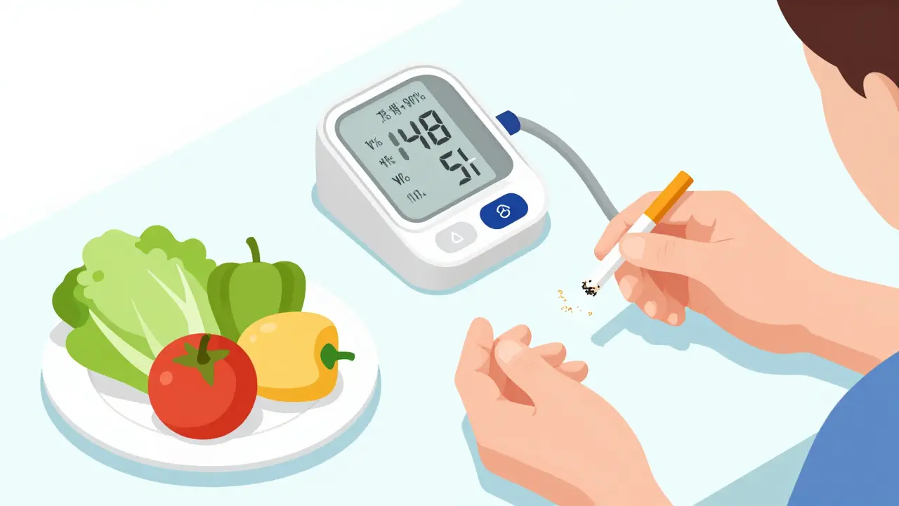 Person putting out cigarette, holding BP monitor, eating fruits and veggies in isometric style