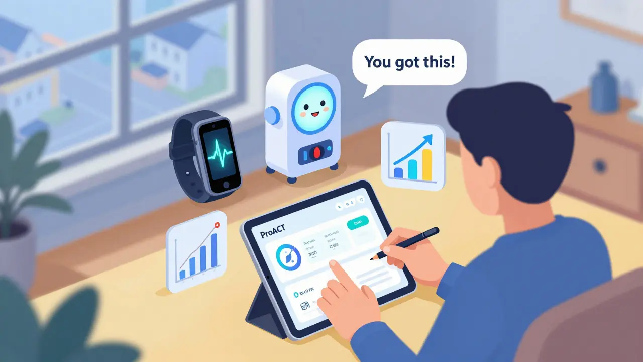 Person using a digital health platform at home, with floating icons for wearable devices, pill reminders, and AI companion.