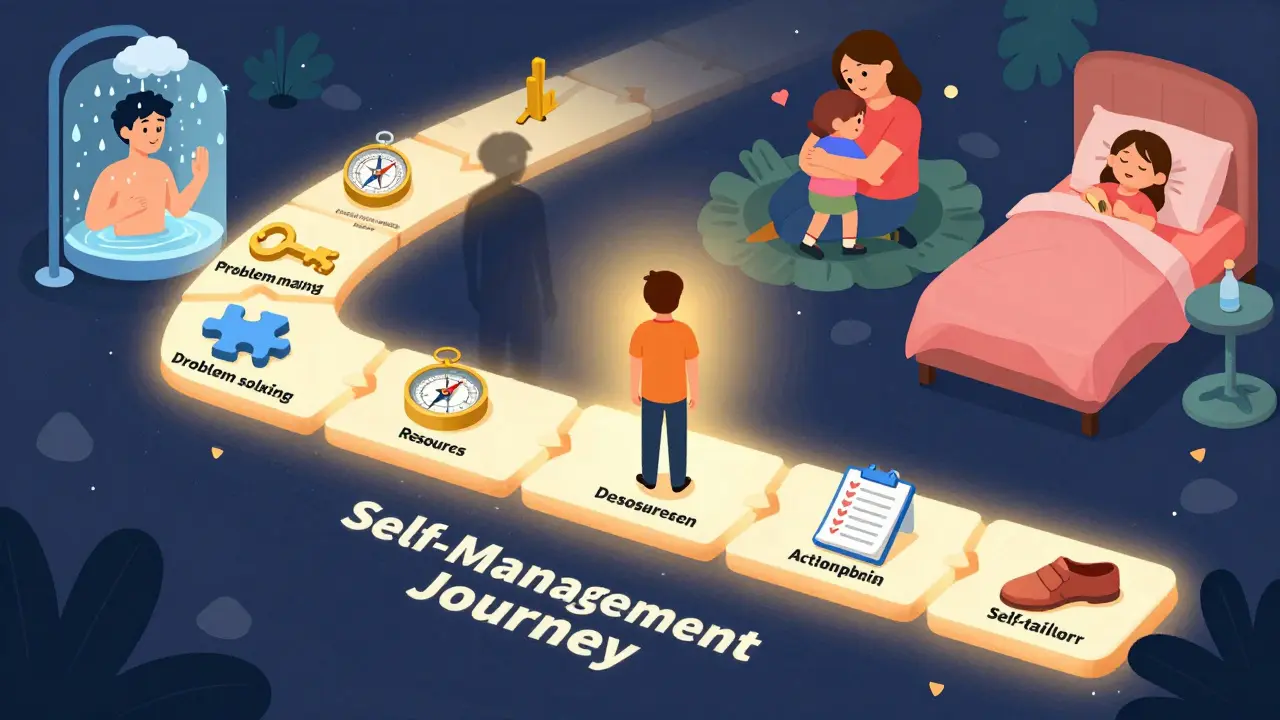 Person walking a glowing path of self-management skills, leading to improved daily life and connection.