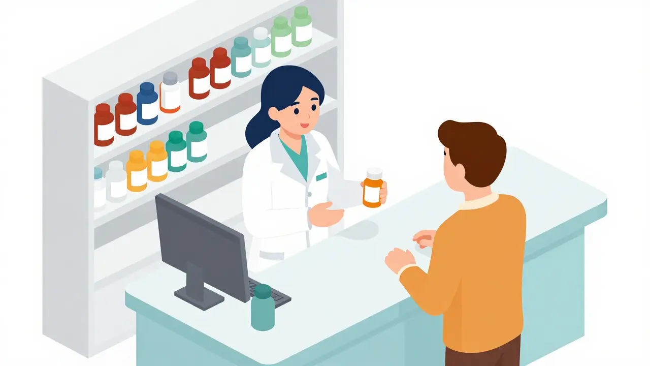 Pharmacist and patient discussing medications at pharmacy