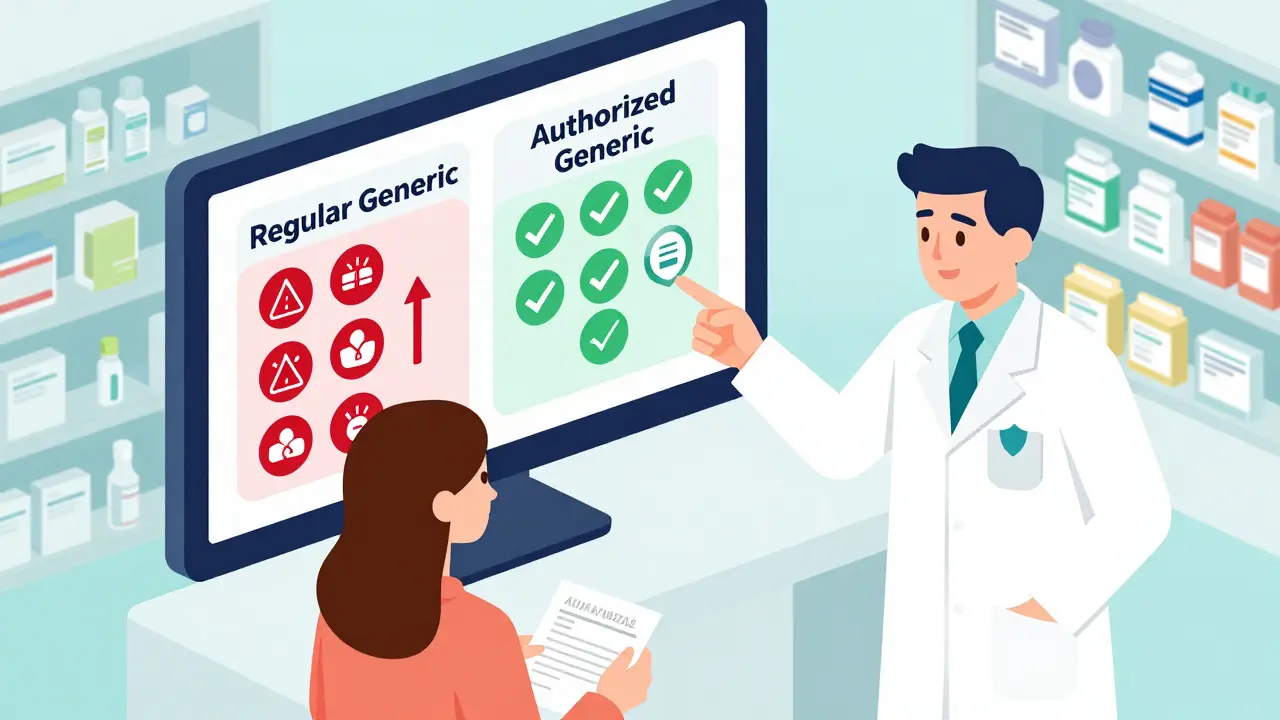 Pharmacist explaining authorized generic vs regular generic using a digital screen with warning and checkmark icons.