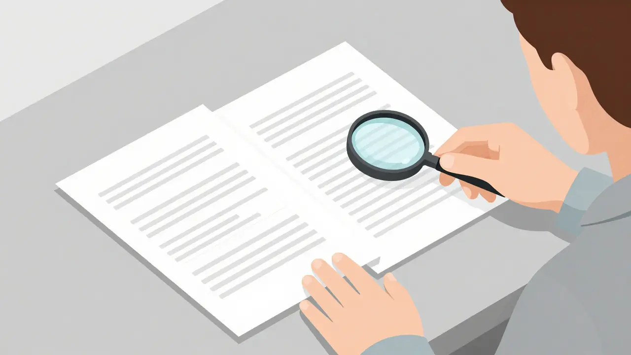 Reviewing discharge papers with magnifying glass