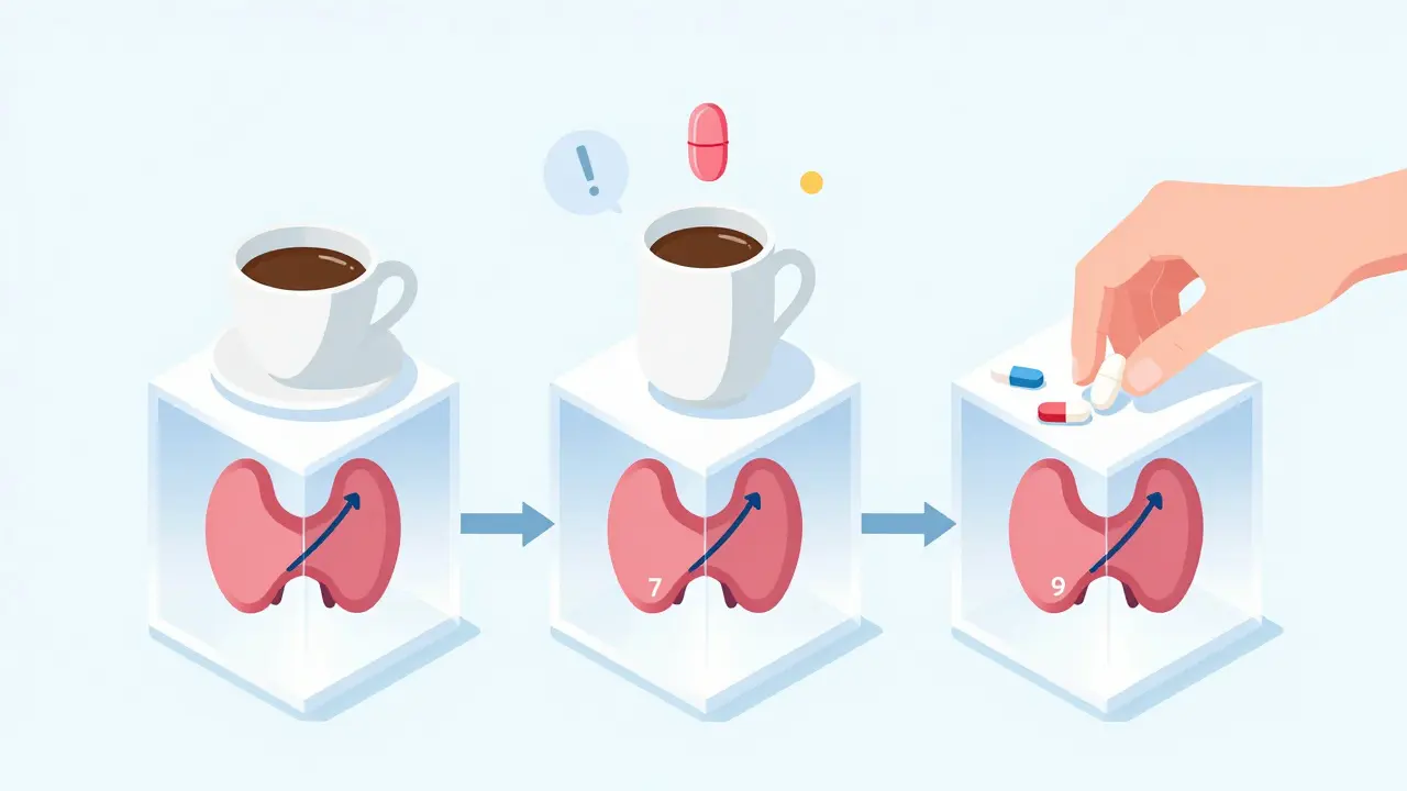 Three trimesters shown as cubes with rising thyroid hormone levels and pill dosage changes in isometric illustration.