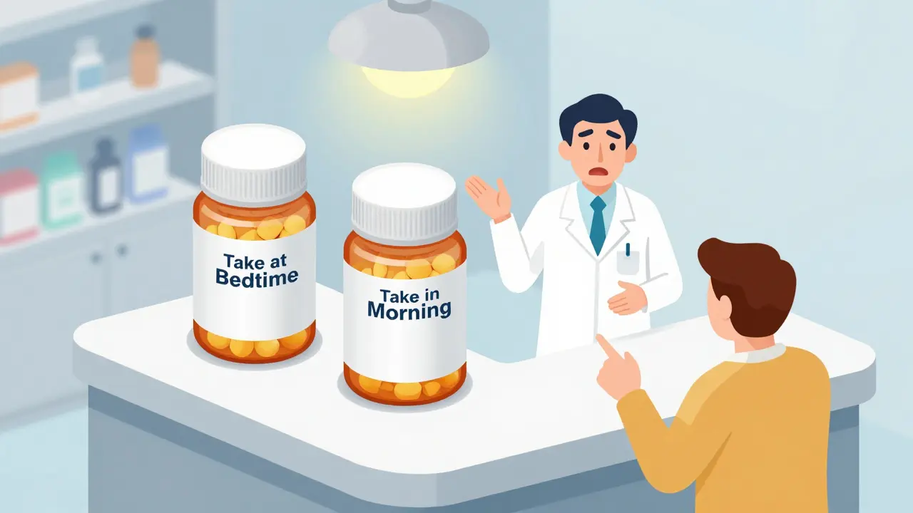 Two pill bottles with conflicting instructions sit on a pharmacy counter as a patient and pharmacist react.