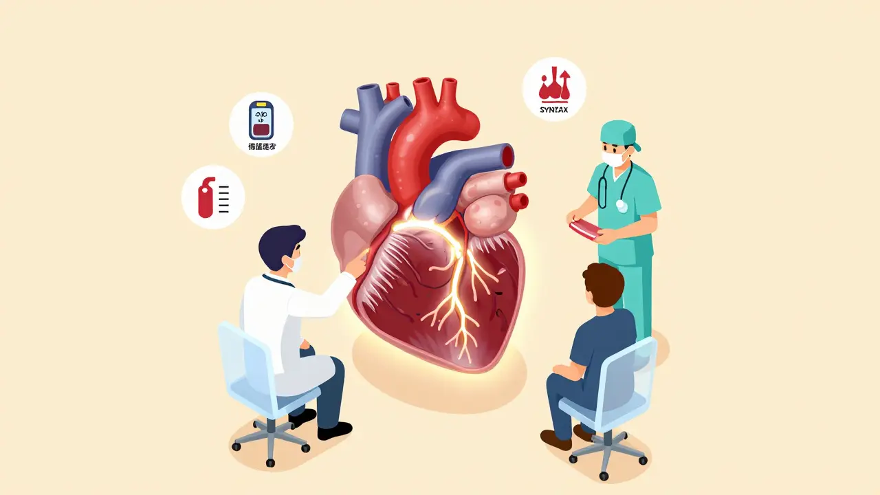 A heart team discusses a 3D coronary model with diabetes and risk factors displayed around them.