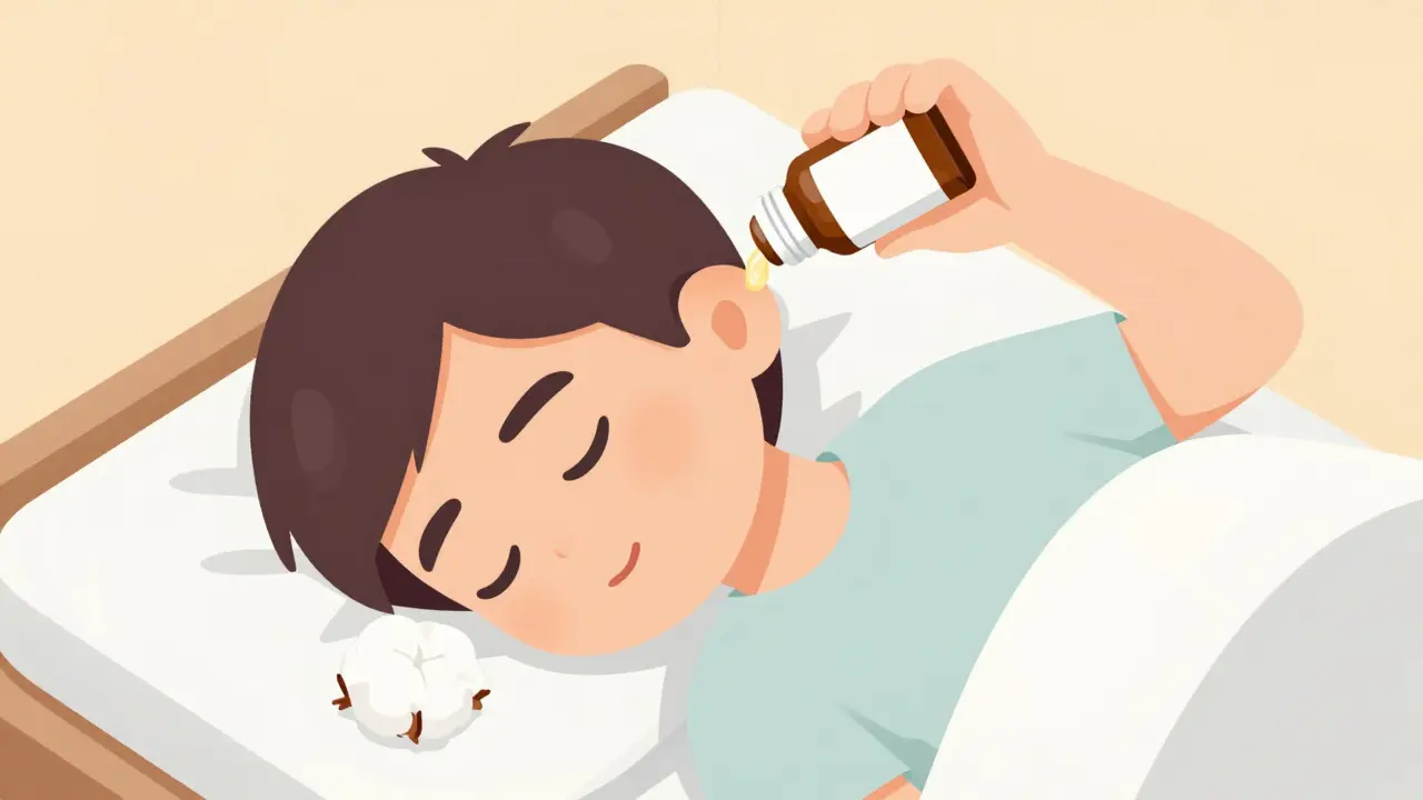 Cartoon character applying ear drops while lying down for treatment.