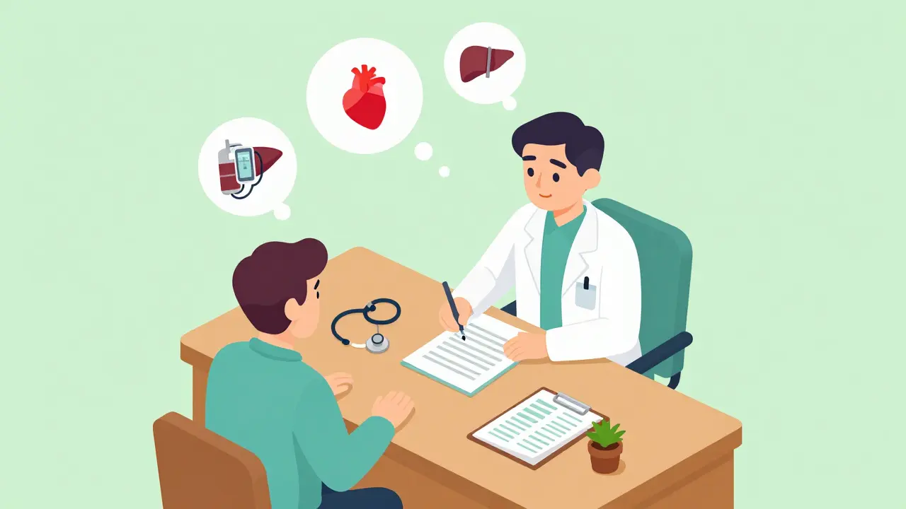 Doctor consulting patient about medication history in an exam room setting.