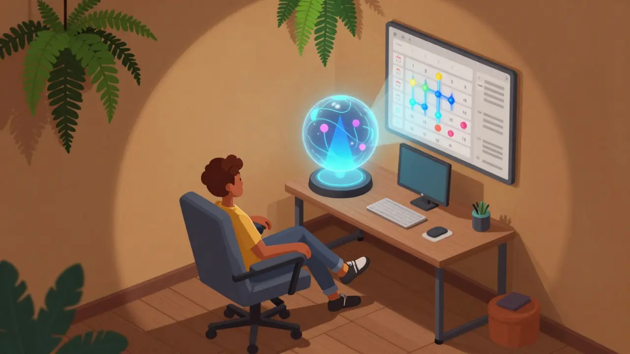 Futuristic office corner with worker viewing AI wellness projection