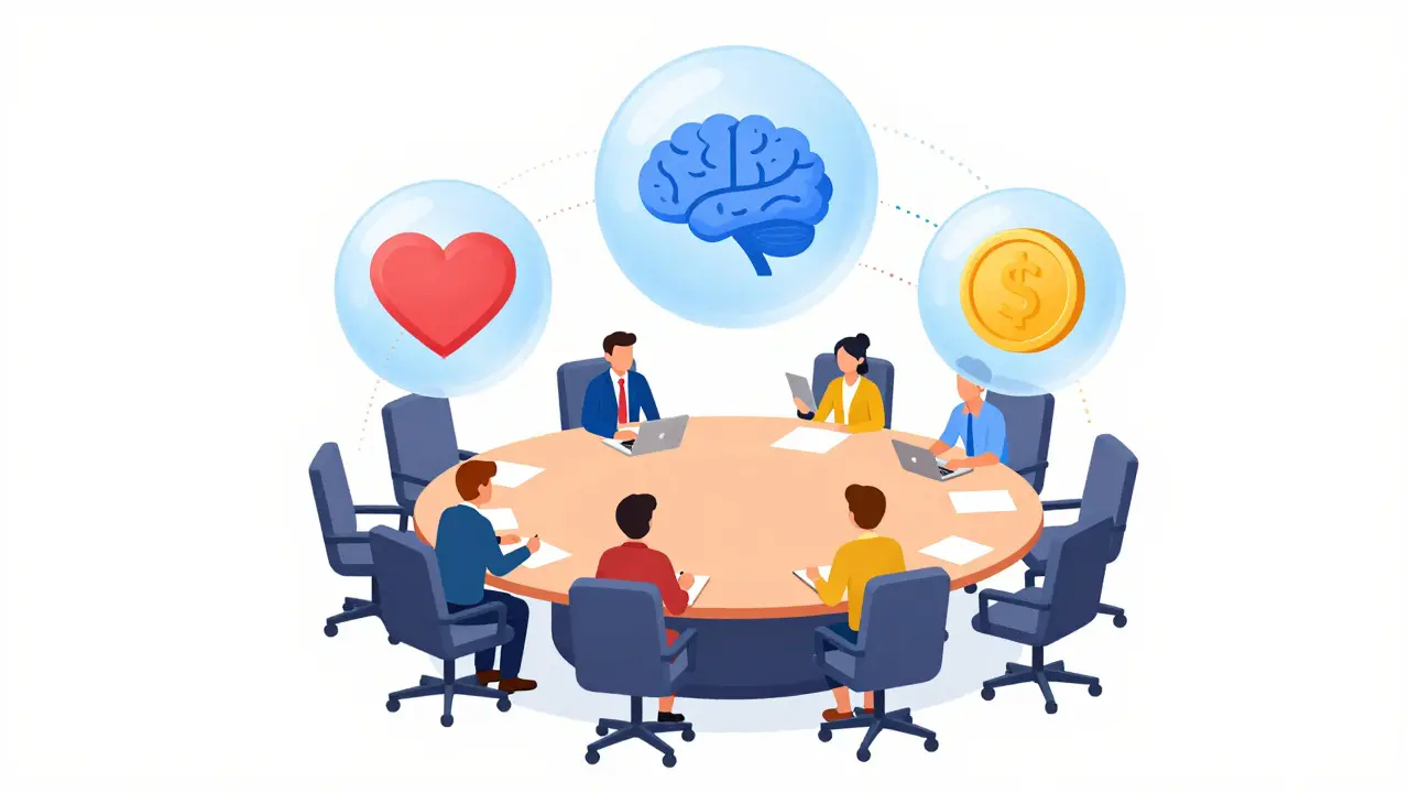 HR meeting room with floating icons for health, mind, and finances