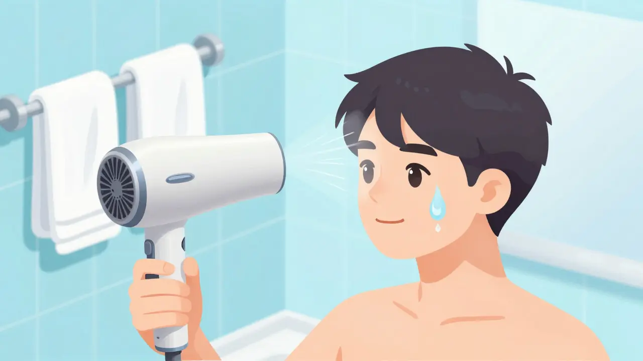Isometric bathroom scene using hair dryer to dry ears after swimming.