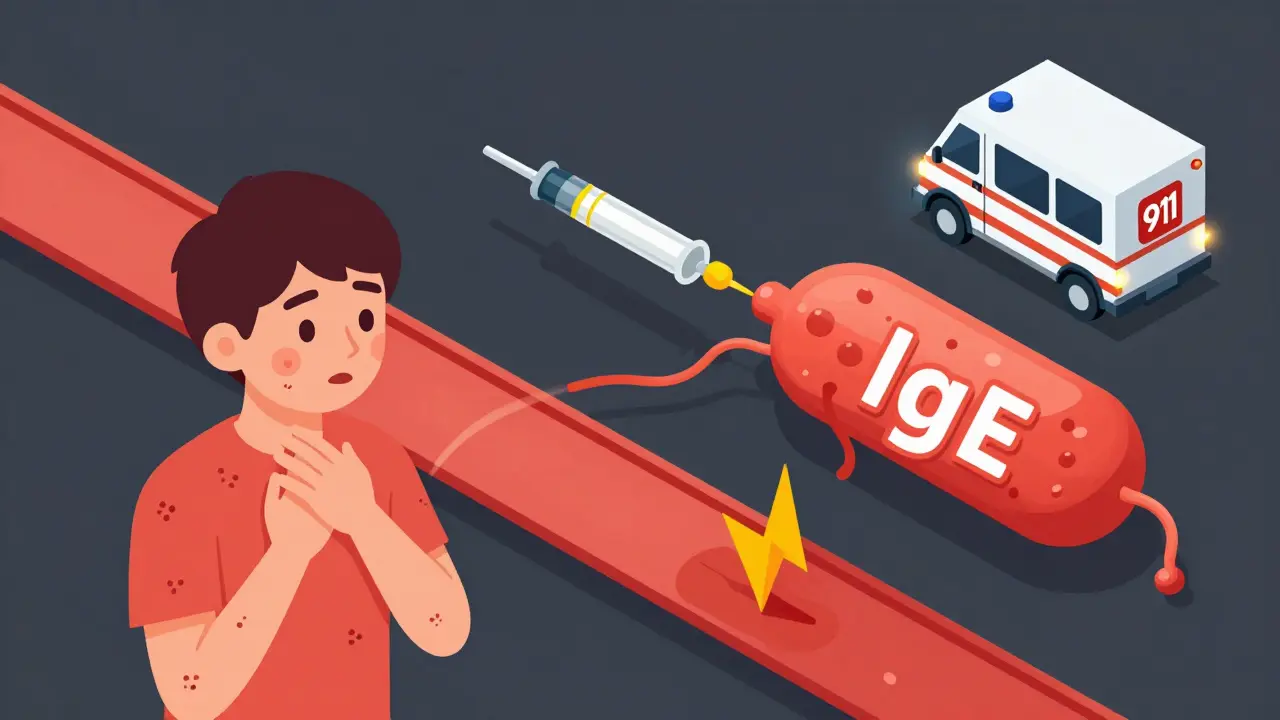 Person experiencing systemic allergic reaction with hives and throat swelling, emergency ambulance in background, isometric illustration.