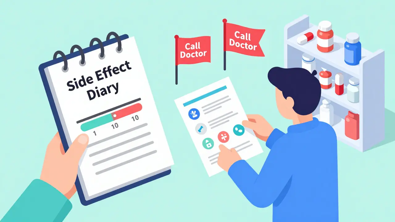 Person keeping a side effect diary while receiving a medication guide from a pharmacist