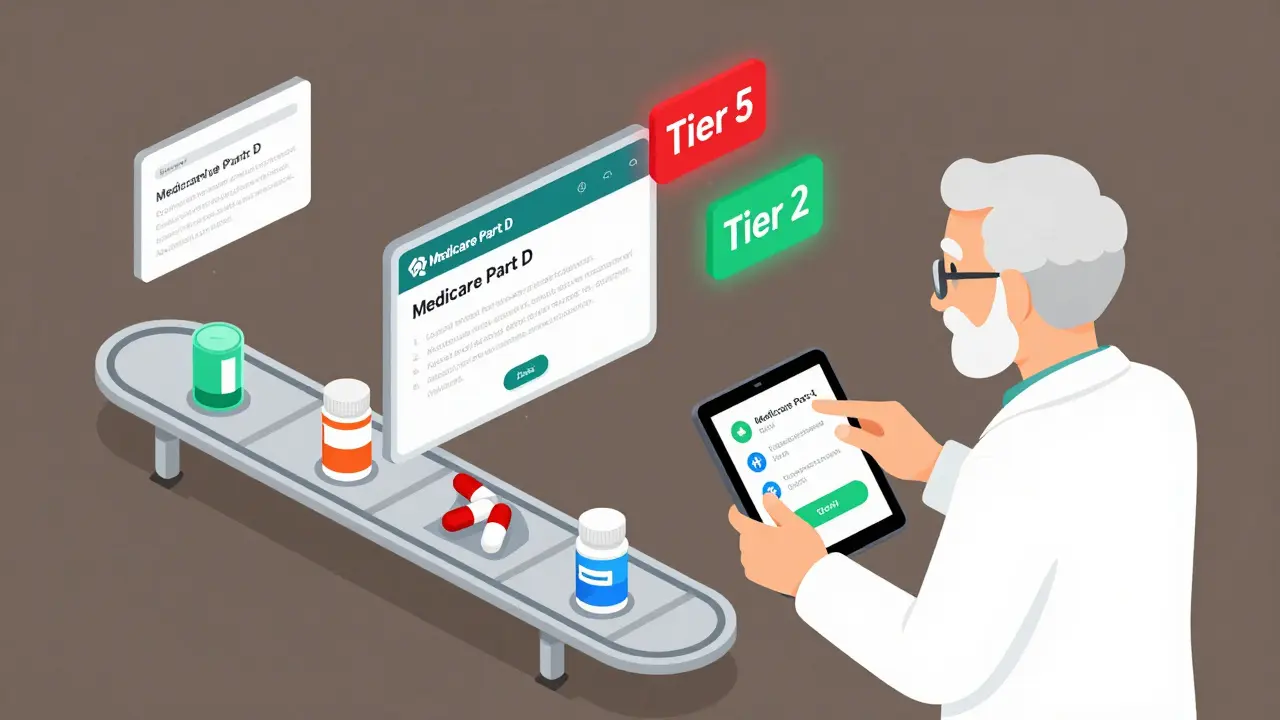 Senior checking drug tiers on a floating formulary website as medications shift between levels.