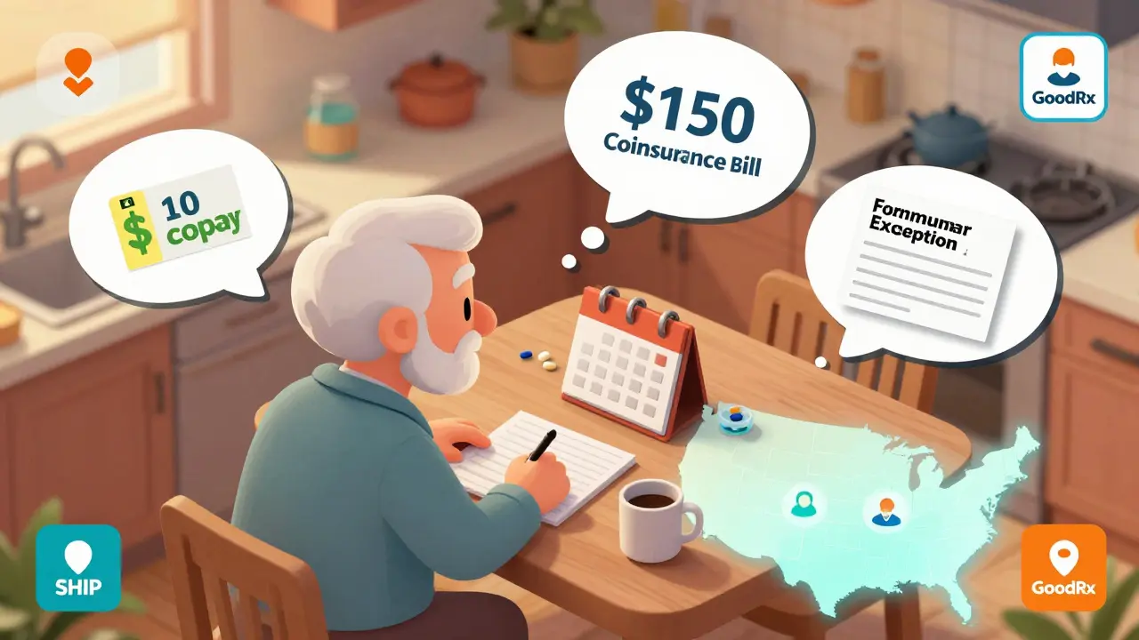 Seniors kitchen scene with pill organizer and floating cost comparisons and formulary help icons.