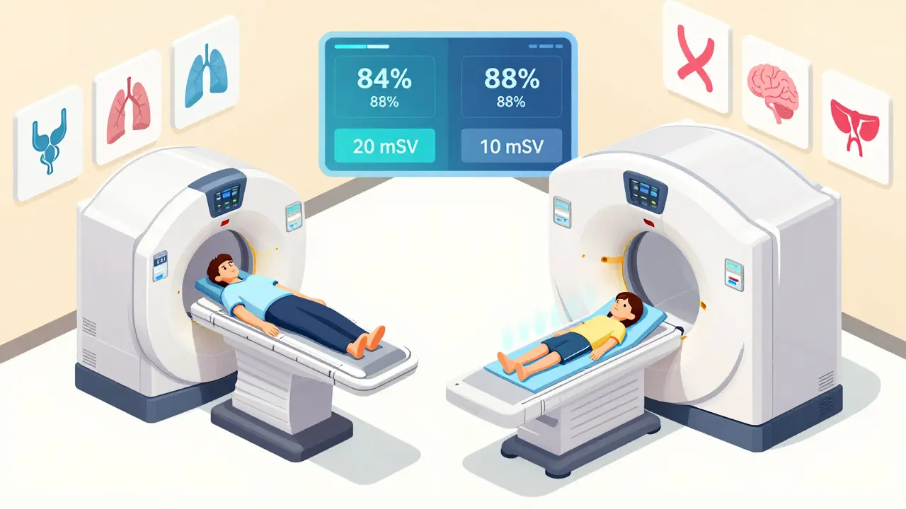 Side-by-side isometric view of PET-CT and PET-MRI scanners in a hospital, with data panels showing accuracy and radiation differences.