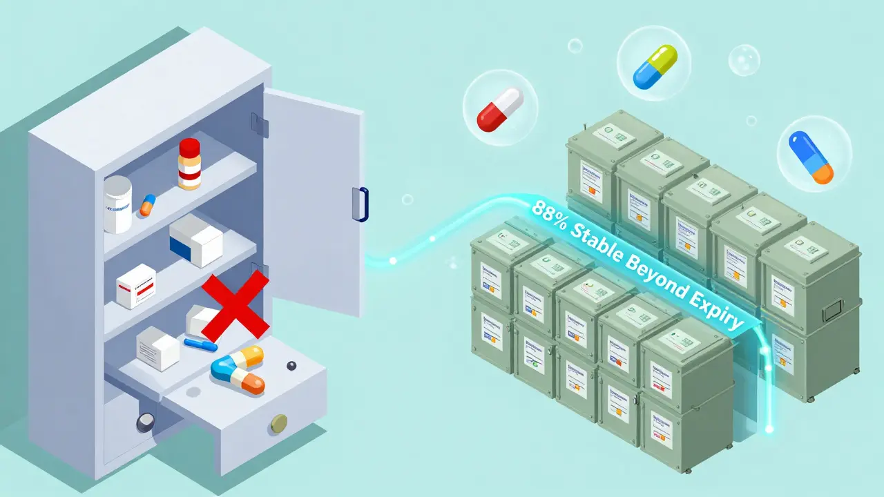 Split isometric scene comparing expired home meds to perfectly stored military drugs with a data stream showing 88% stability.