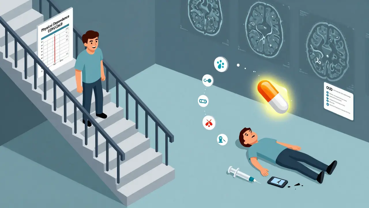 Staircase metaphor showing gradual tapering for dependence versus looping addiction with MAT rescue option.