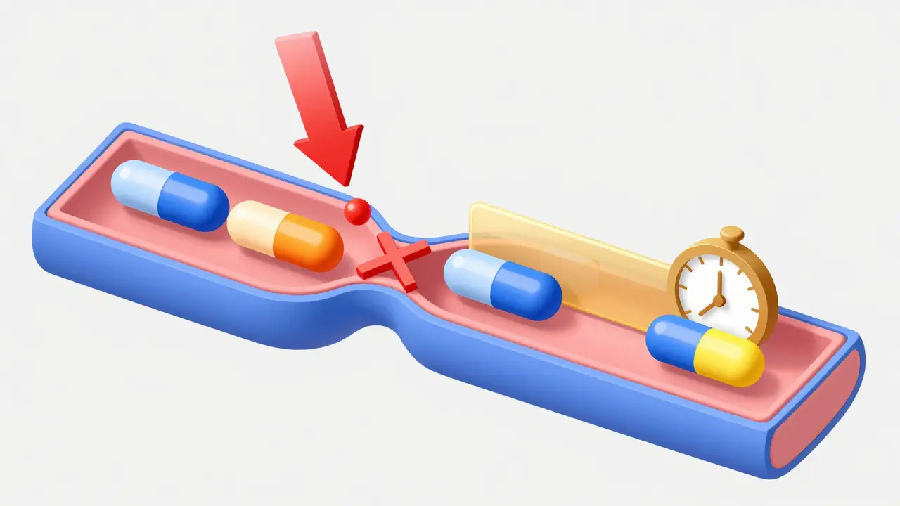 Stylized arteries showing dangerous pill collision versus timed safety separation.