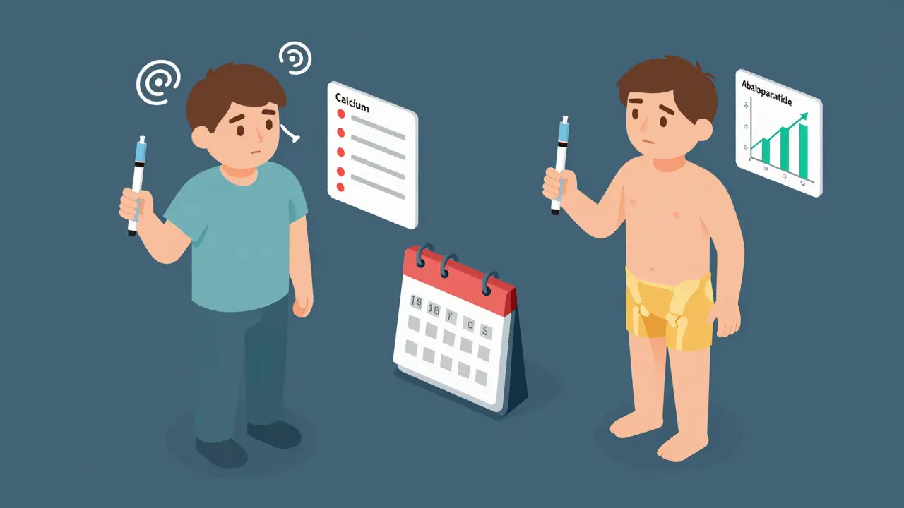 Two patients receiving daily osteoporosis injections, showing side effects and bone density differences