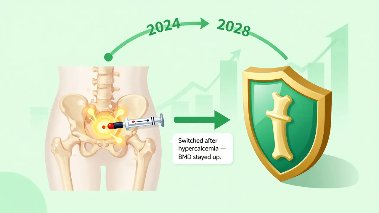 Two-phase treatment pathway showing abaloparatide followed by alendronate for sustained bone protection