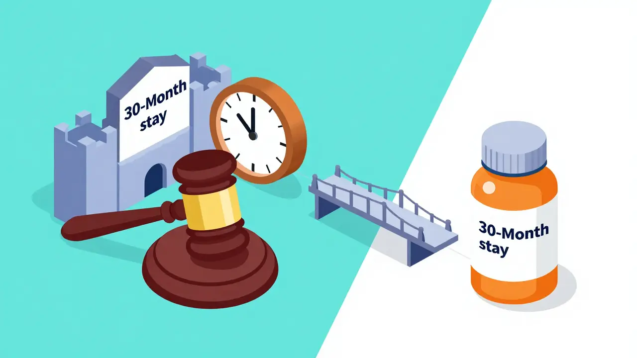 Conceptual image of a legal gavel and a clock symbolizing drug patent disputes